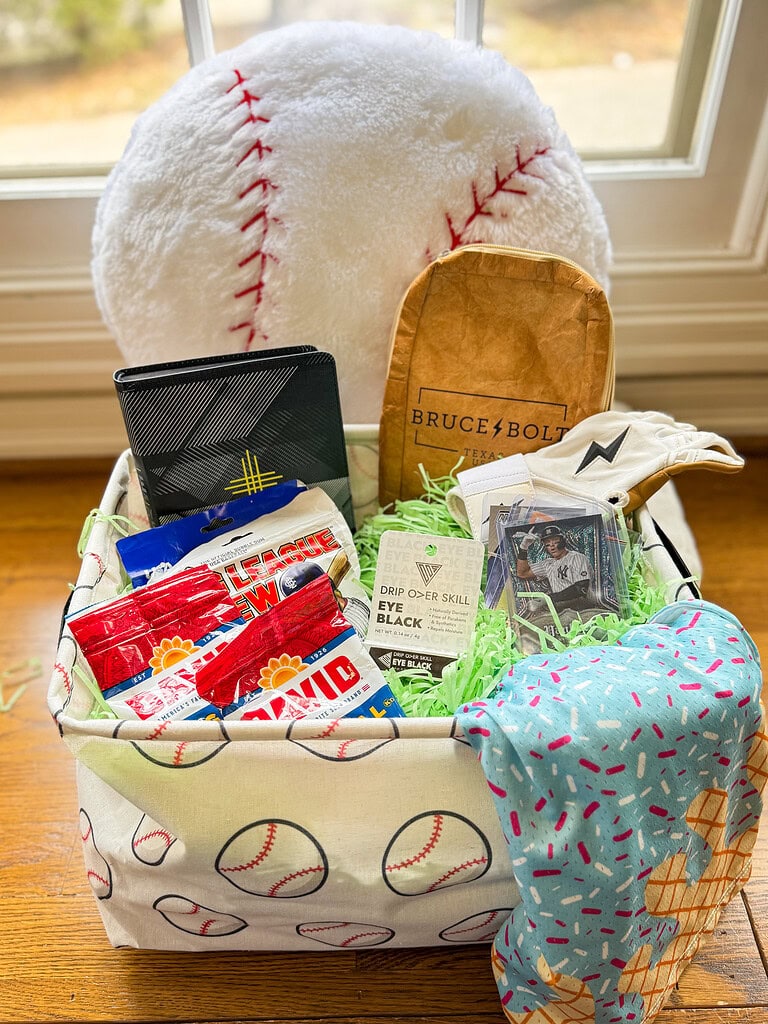 Baseball themed Easter Basket with baseball themed fillers.